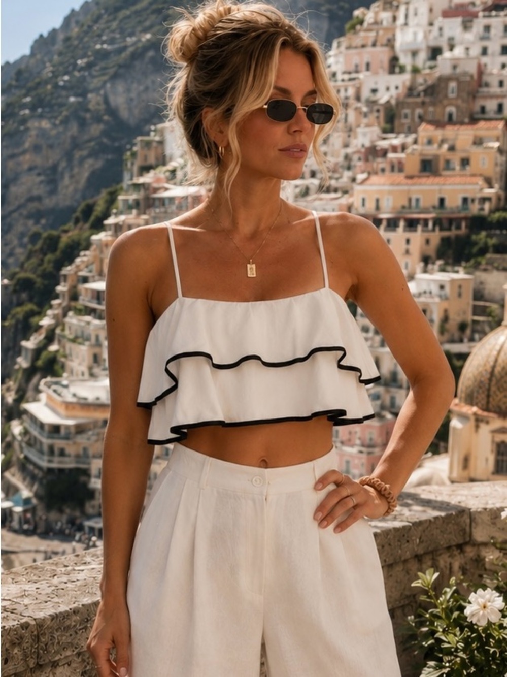 Prose & Poetry White Ruffle Crop Top Size Small Coastal European Summer